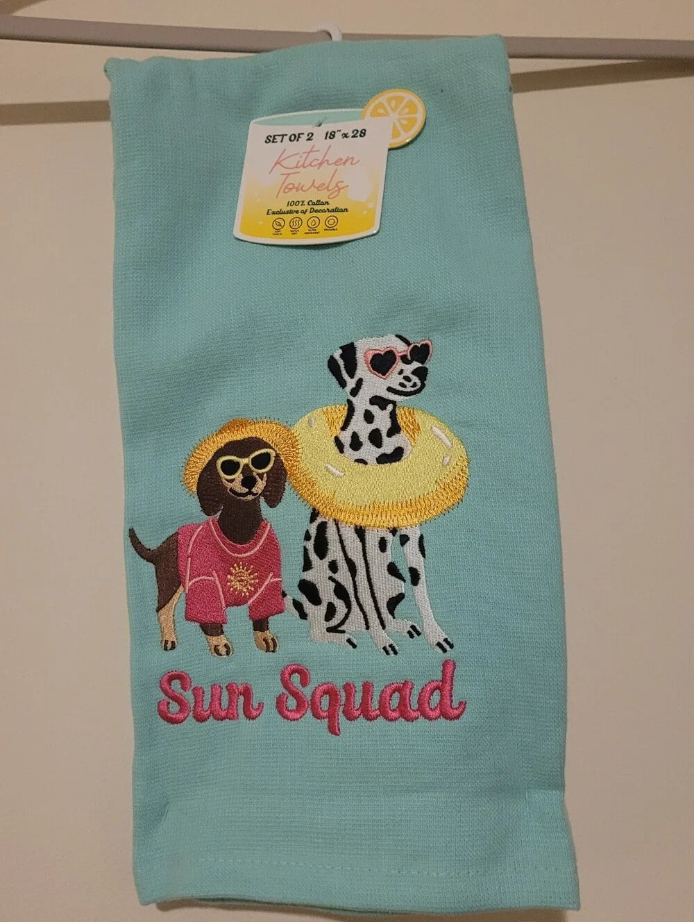 Cute Kitchen Towel Sun Squad Dog Embroidered 100% Cotton Size 18x28